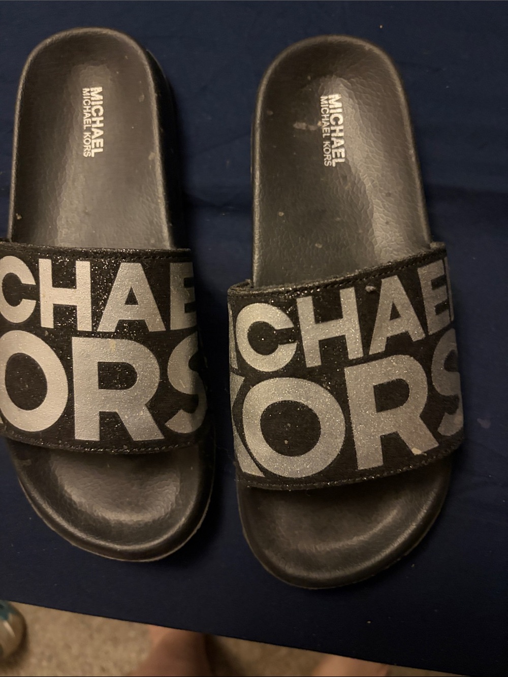 Michael Kors Black Slides with Silver Logo Band